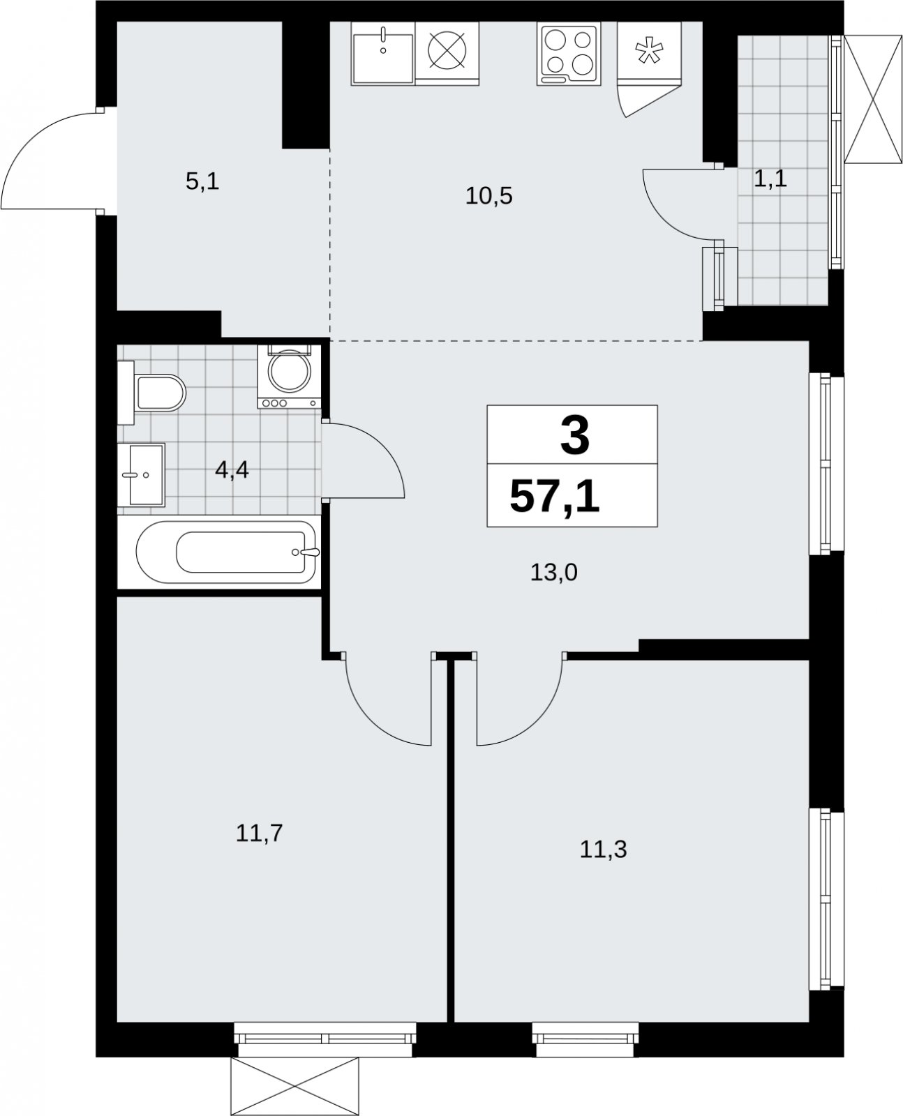 3-комнатная квартира (евро) без отделки, 57.1 м2, 13 этаж, сдача 2 квартал 2026 г., ЖК Дзен-кварталы, корпус 6.1.1 - объявление 2327208 - фото №1