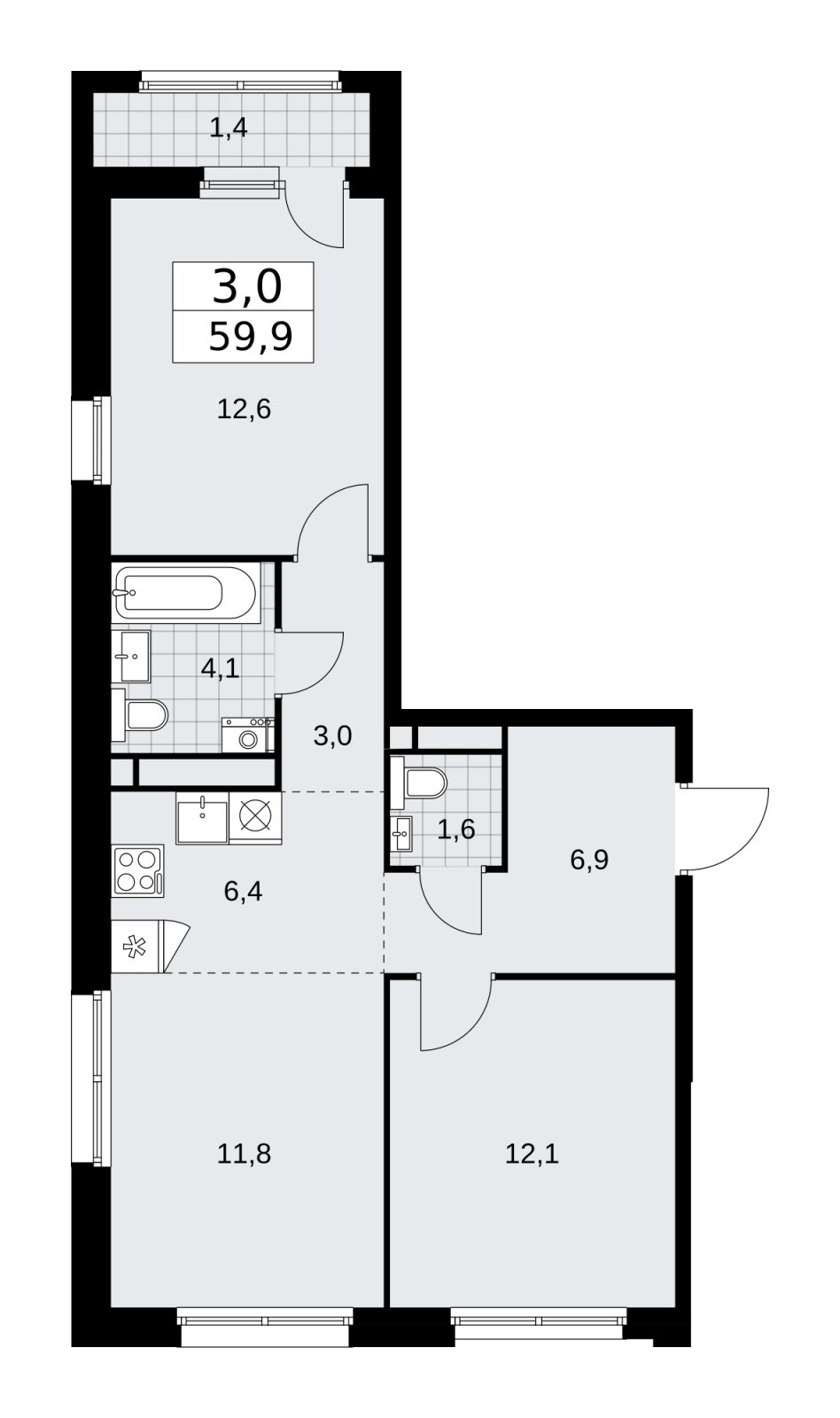 3-комнатная квартира (евро) с частичной отделкой, 59.9 м2, 11 этаж, сдача 2 квартал 2026 г., ЖК Дзен-кварталы, корпус 3.6 - объявление 2242684 - фото №1