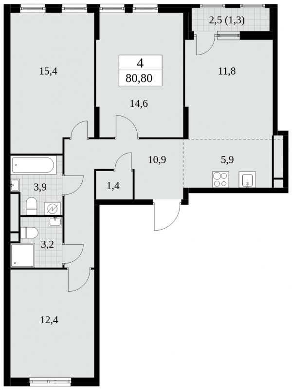 4-комнатная квартира (евро) без отделки, 80.8 м2, 9 этаж, сдача 2 квартал 2025 г., ЖК Южные сады, корпус 2.3 - объявление 1758071 - фото №1