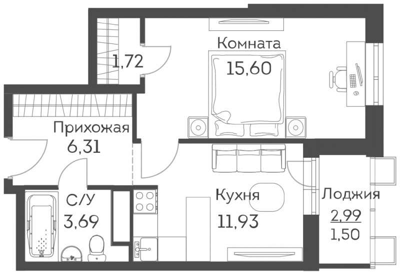 1-комнатная квартира с частичной отделкой, 40.75 м2, 19 этаж, сдача 2 квартал 2022 г., ЖК Аквилон Митино, корпус 2 - объявление 1320531 - фото №1