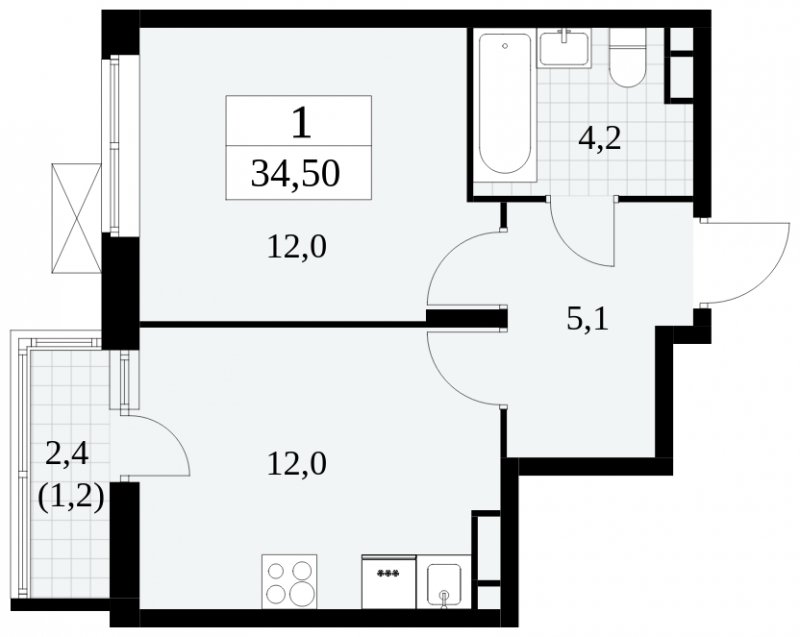 1-комнатная квартира без отделки, 34.5 м2, 7 этаж, сдача 2 квартал 2024 г., ЖК Прокшино, корпус 6.2 - объявление 1662828 - фото №1