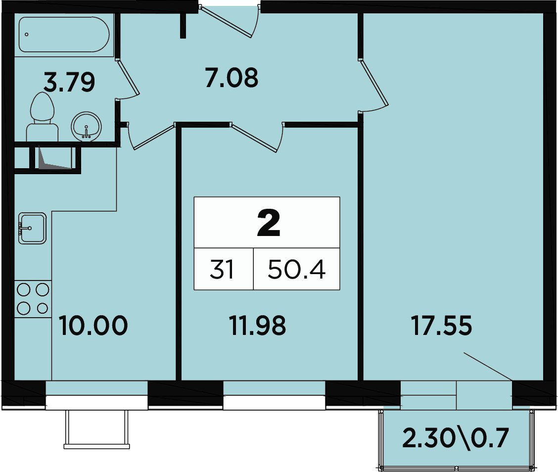 2-комнатные апартаменты без отделки, 48.3 м2, 3 этаж, дом сдан, ЖК Легендарный Квартал на Березовой  аллее, корпус 1 - объявление 2349124 - фото №1