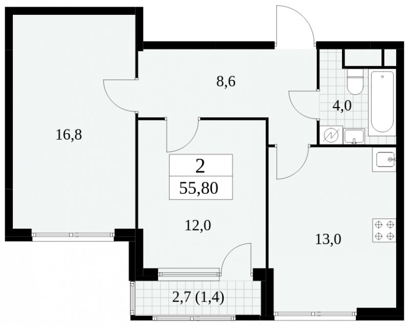 2-комнатная квартира без отделки, 55.8 м2, 16 этаж, сдача 2 квартал 2025 г., ЖК Южные сады, корпус 2.4 - объявление 1760351 - фото №1