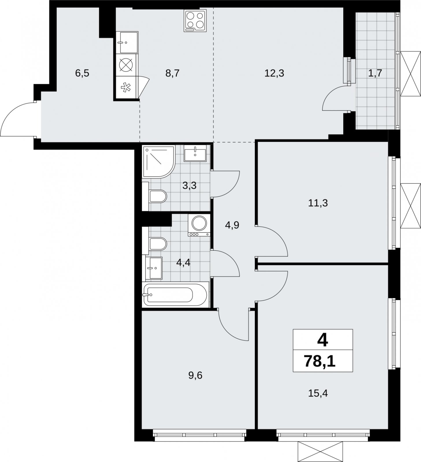 4-комнатная квартира (евро) с полной отделкой, 78.1 м2, 19 этаж, сдача 2 квартал 2026 г., ЖК Бунинские кварталы, корпус 9.3 - объявление 2324474 - фото №1