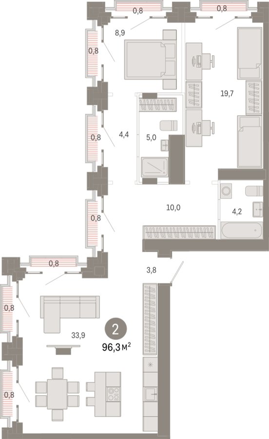 2-комнатная квартира с частичной отделкой, 96.3 м2, 31 этаж, сдача 3 квартал 2026 г., ЖК Квартал Метроном, корпус 1 - объявление 2300613 - фото №1