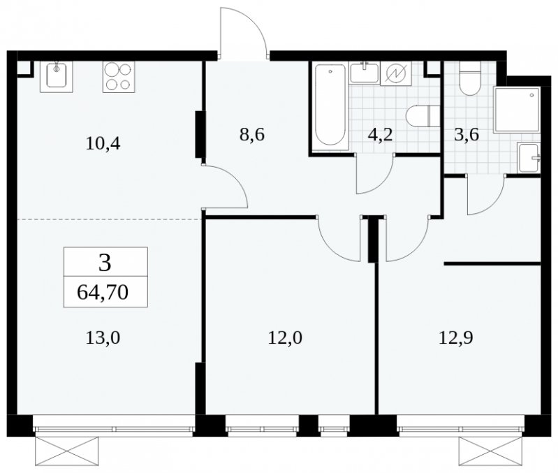 3-комнатная квартира (евро) без отделки, 64.7 м2, 2 этаж, сдача 1 квартал 2025 г., ЖК Прокшино, корпус 5.2.3 - объявление 1751377 - фото №1