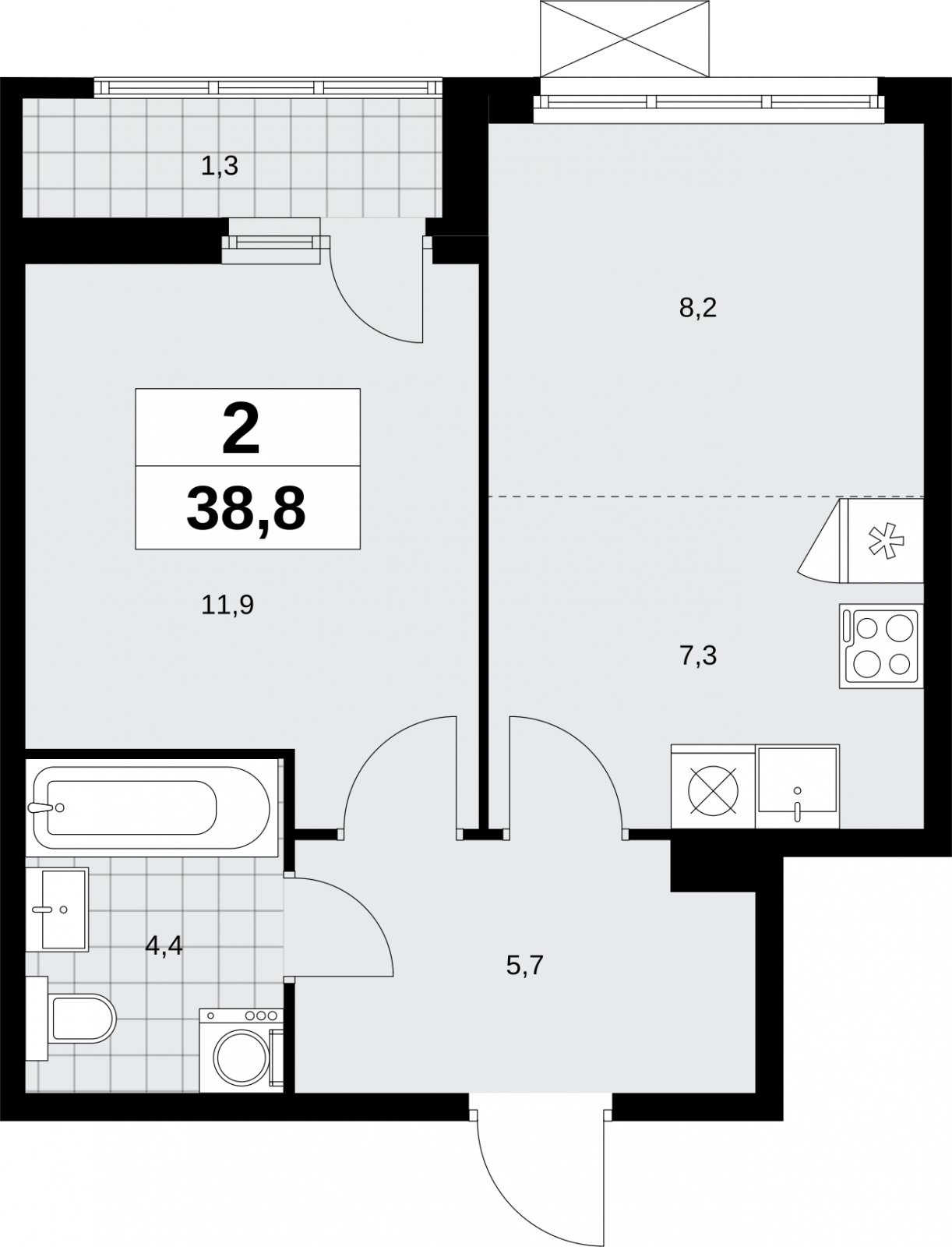 2-комнатная квартира (евро) без отделки, 38.8 м2, 4 этаж, сдача 1 квартал 2026 г., ЖК Дзен-кварталы, корпус 6.2.1 - объявление 2328360 - фото №1