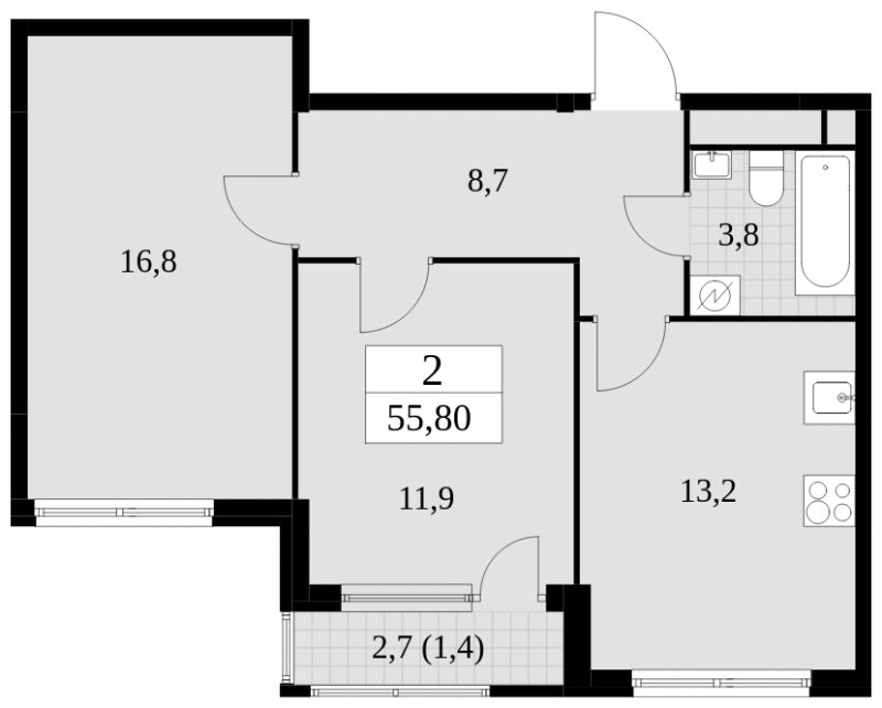 2-комнатная квартира без отделки, 55.8 м2, 25 этаж, сдача 2 квартал 2025 г., ЖК Южные сады, корпус 2.3 - объявление 1758267 - фото №1