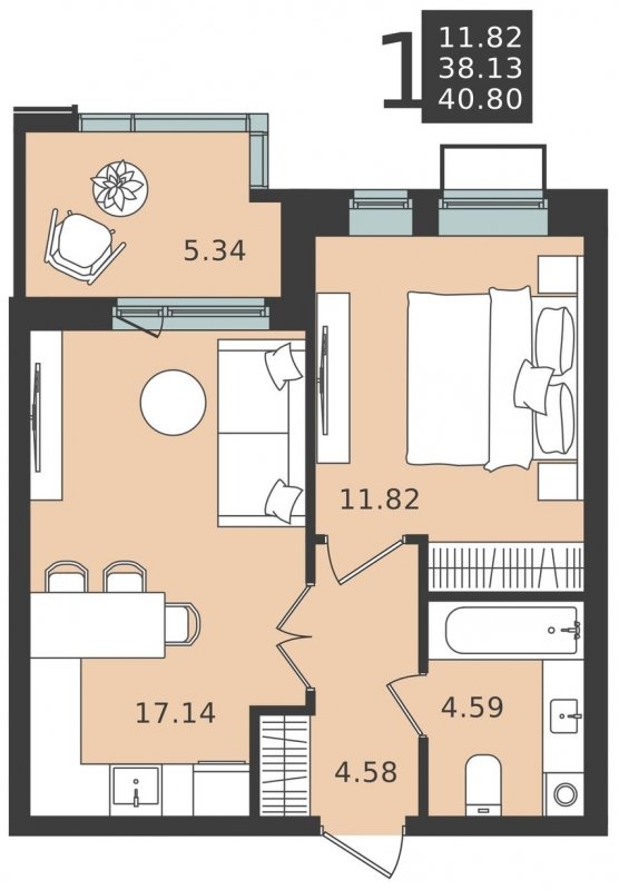 1-комнатная квартира без отделки, 40.8 м2, 2 этаж, сдача 1 квартал 2024 г., ЖК Мишино-2, корпус 6 - объявление 1949074 - фото №1