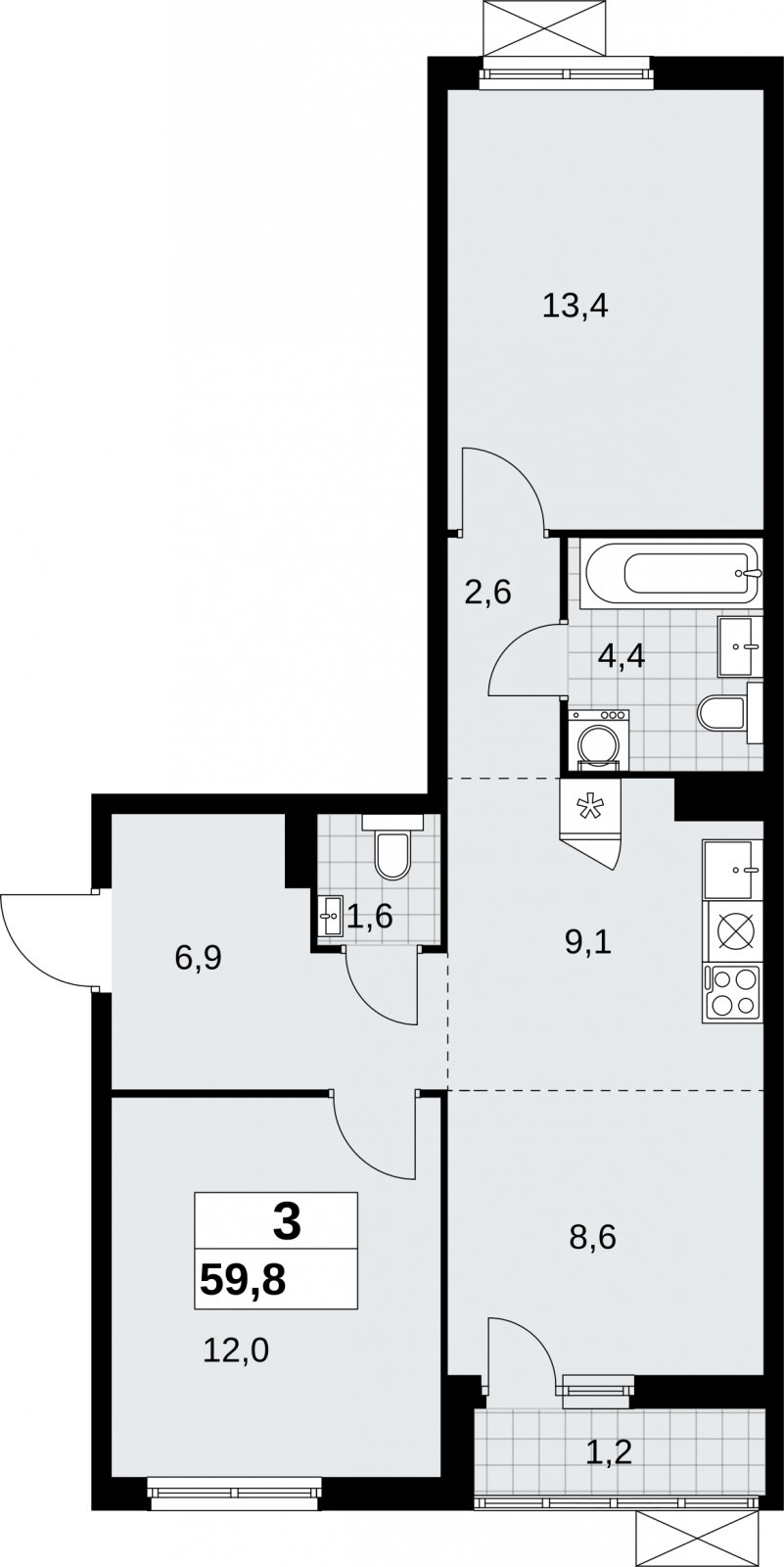 3-комнатная квартира (евро) без отделки, 59.8 м2, 8 этаж, сдача 2 квартал 2026 г., ЖК Дзен-кварталы, корпус 6.1.1 - объявление 2326976 - фото №1