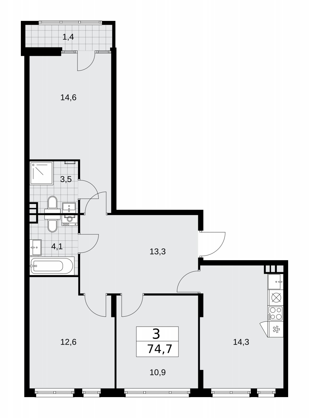 3-комнатная квартира с полной отделкой, 74.7 м2, 3 этаж, сдача 2 квартал 2026 г., ЖК Деснаречье, корпус 4.8 - объявление 2265264 - фото №1