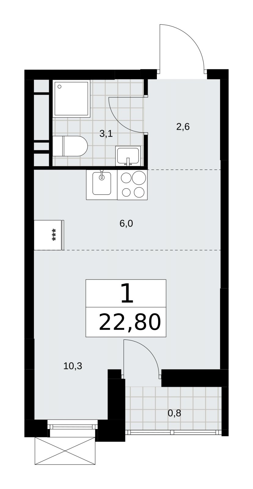 Студия без отделки, 22.8 м2, 13 этаж, сдача 3 квартал 2025 г., ЖК Скандинавия, корпус 28.1 - объявление 2201923 - фото №1