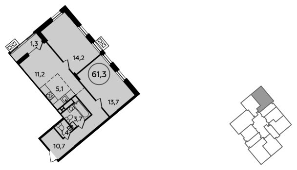 3-комнатная квартира (евро) без отделки, 61.3 м2, 11 этаж, сдача 4 квартал 2022 г., ЖК Прокшино, корпус 2.3 - объявление 1679133 - фото №1