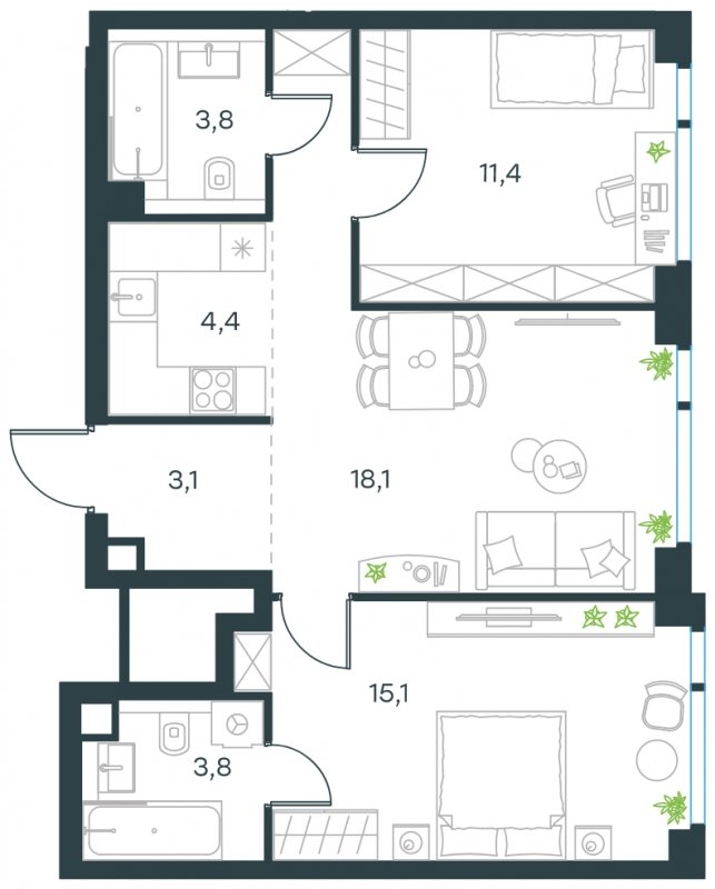 3-комнатная квартира без отделки, 59.7 м2, 42 этаж, сдача 4 квартал 2024 г., ЖК Level Мичуринский, корпус 4 - объявление 1693706 - фото №1