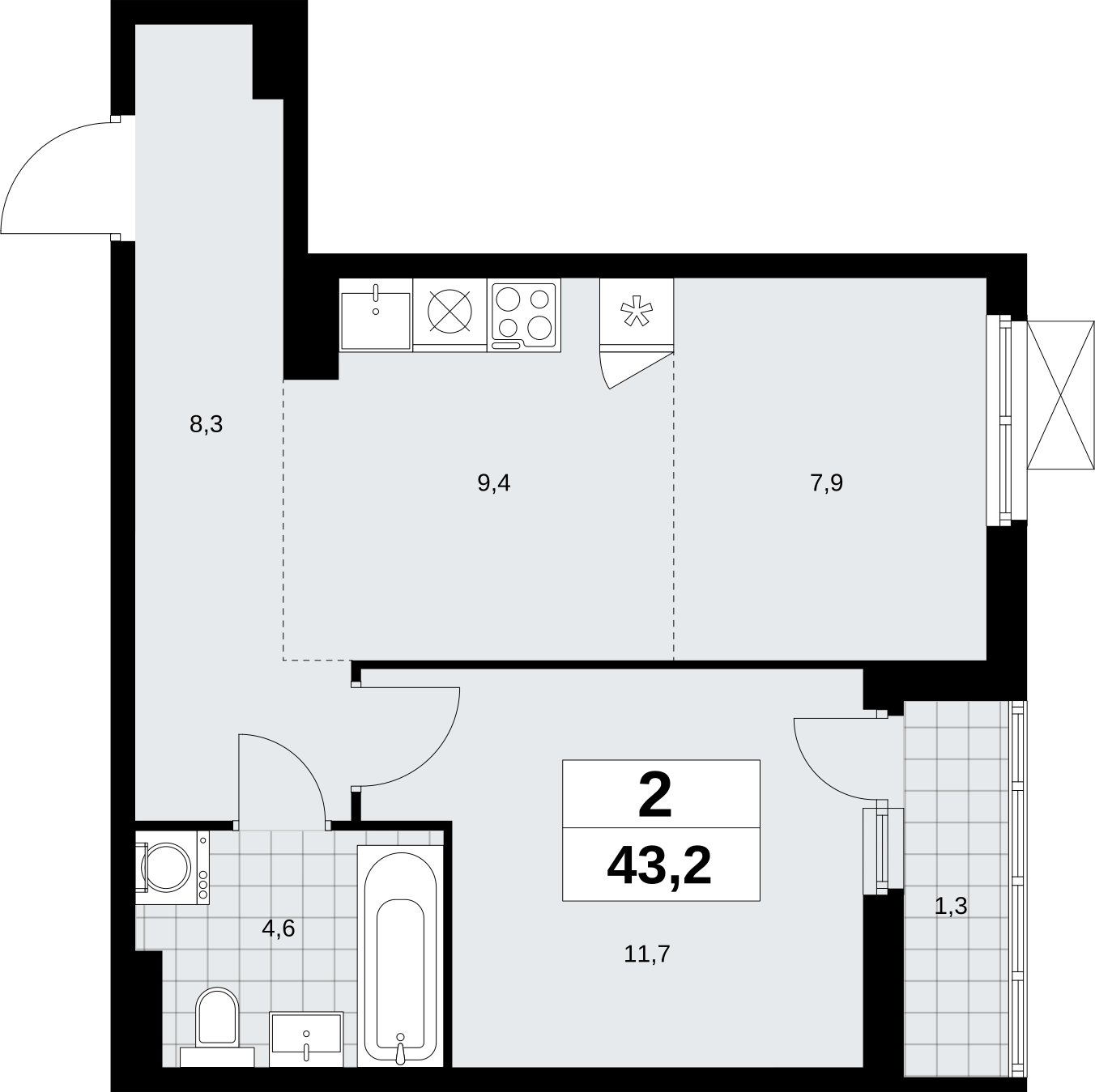 2-комнатная квартира (евро) с полной отделкой, 43.2 м2, 4 этаж, сдача 3 квартал 2026 г., ЖК Дзен-кварталы, корпус 6.1.3 - объявление 2327761 - фото №1