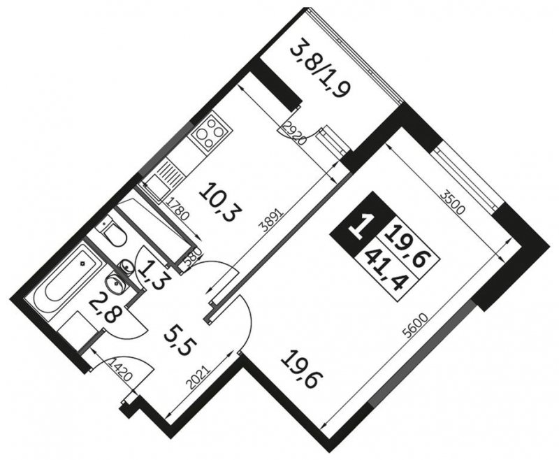 1-комнатная квартира без отделки, 41.6 м2, 6 этаж, дом сдан, ЖК UP-квартал Сколковский, корпус 2 - объявление 1562222 - фото №1