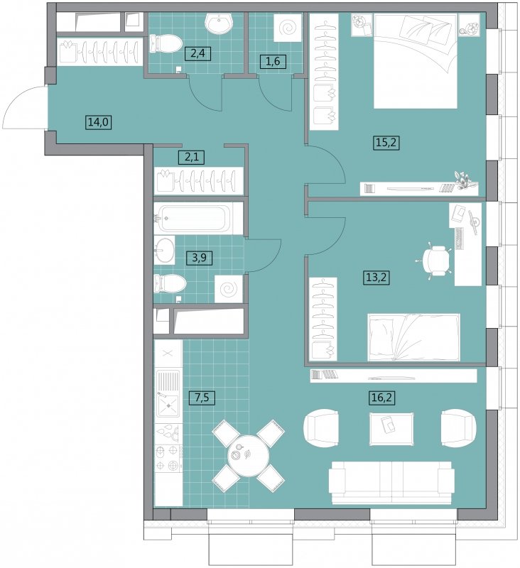 3-комнатная квартира (евро) без отделки, 76.08 м2, 24 этаж, сдача 2 квартал 2022 г., ЖК Вестердам, корпус 3 - объявление 1522255 - фото №1