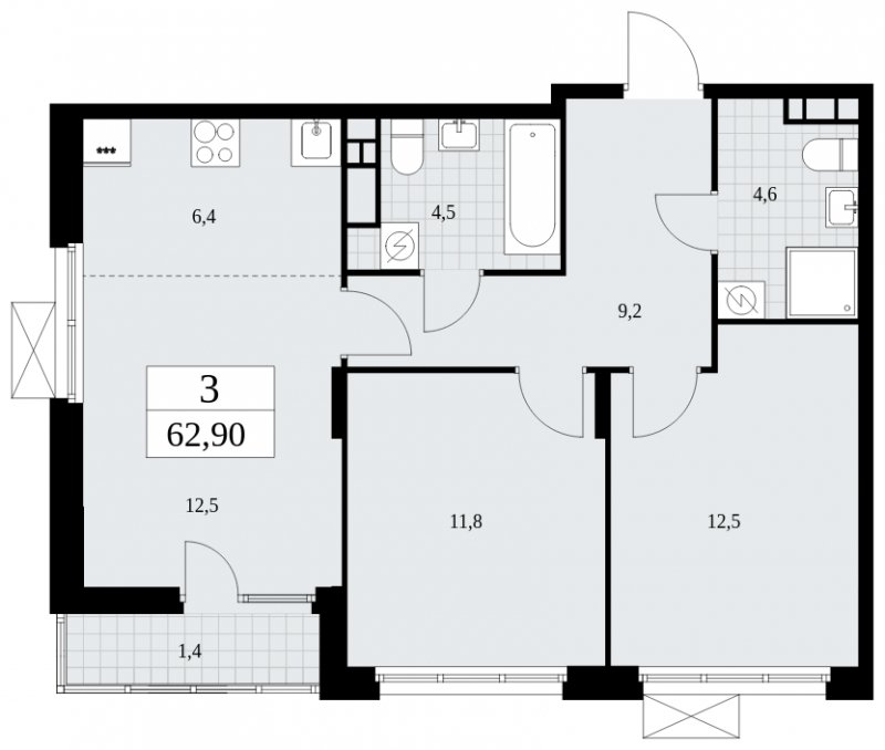 3-комнатная квартира (евро) с частичной отделкой, 62.9 м2, 9 этаж, сдача 4 квартал 2024 г., ЖК Бунинские кварталы, корпус 2.1 - объявление 1882337 - фото №1
