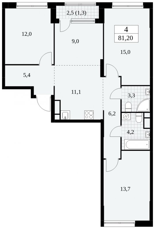 4-комнатная квартира (евро) с частичной отделкой, 81.2 м2, 14 этаж, сдача 2 квартал 2025 г., ЖК Южные сады, корпус 2.1 - объявление 1759999 - фото №1