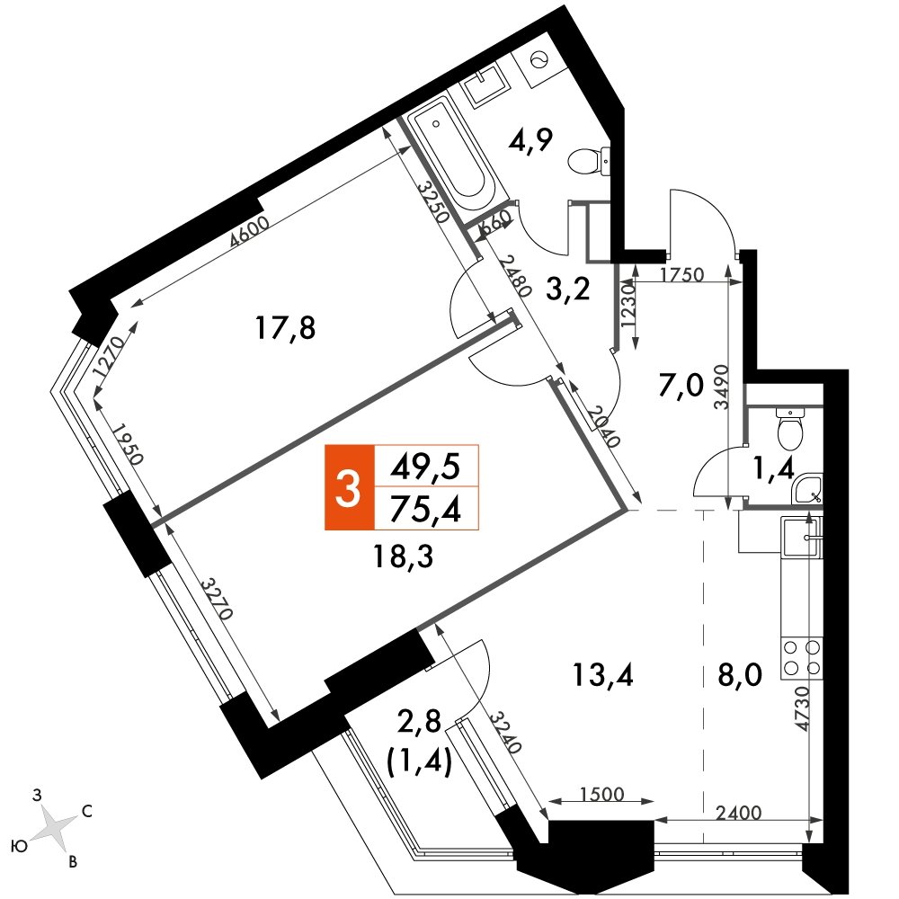 3-комнатная квартира с частичной отделкой, 75.4 м2, 4 этаж, сдача 4 квартал 2023 г., ЖК Архитектор, корпус 3 - объявление 2207390 - фото №1