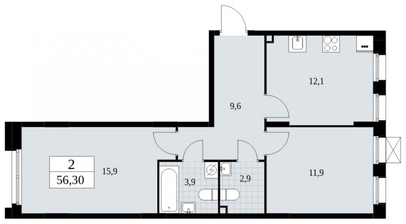 2-комнатная квартира без отделки, 56.3 м2, 2 этаж, сдача 4 квартал 2024 г., ЖК Бунинские кварталы, корпус 1.3 - объявление 1834743 - фото №1