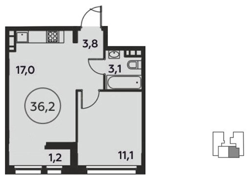 1-комнатная квартира без отделки, 36.2 м2, 14 этаж, сдача 1 квартал 2022 г., ЖК Скандинавия, корпус 8.1 - объявление 1222254 - фото №1