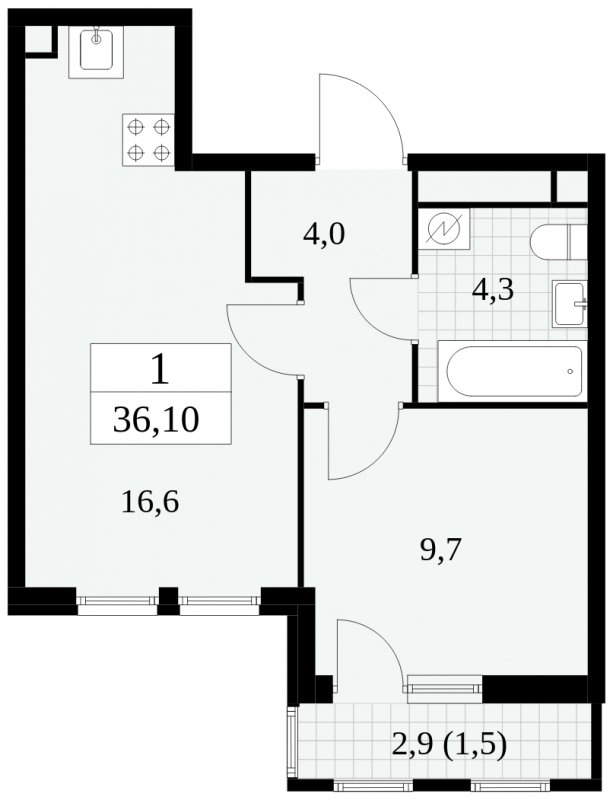 1-комнатная квартира без отделки, 36.1 м2, 11 этаж, сдача 2 квартал 2025 г., ЖК Южные сады, корпус 2.4 - объявление 1760232 - фото №1