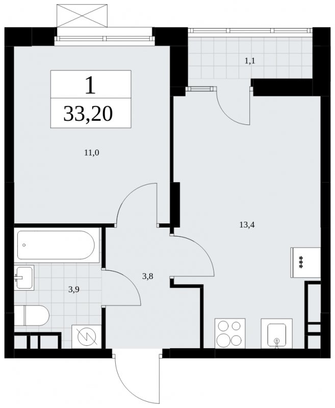 1-комнатная квартира с частичной отделкой, 33.2 м2, 10 этаж, сдача 1 квартал 2025 г., ЖК Дзен-кварталы, корпус 1.2 - объявление 1895803 - фото №1