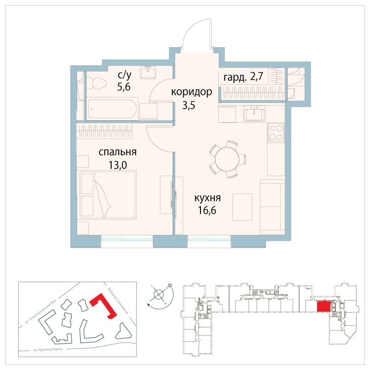 1-комнатная квартира без отделки, 41.4 м2, 3 этаж, сдача 3 квартал 2025 г., ЖК Символ, корпус 31 (квартал "Вдохновение") - объявление 1763388 - фото №1