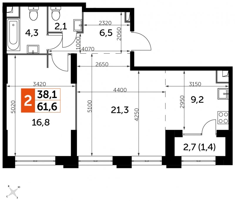2-комнатная квартира с частичной отделкой, 61.6 м2, 18 этаж, сдача 1 квартал 2023 г., ЖК Sydney City, корпус 3 - объявление 1659687 - фото №1