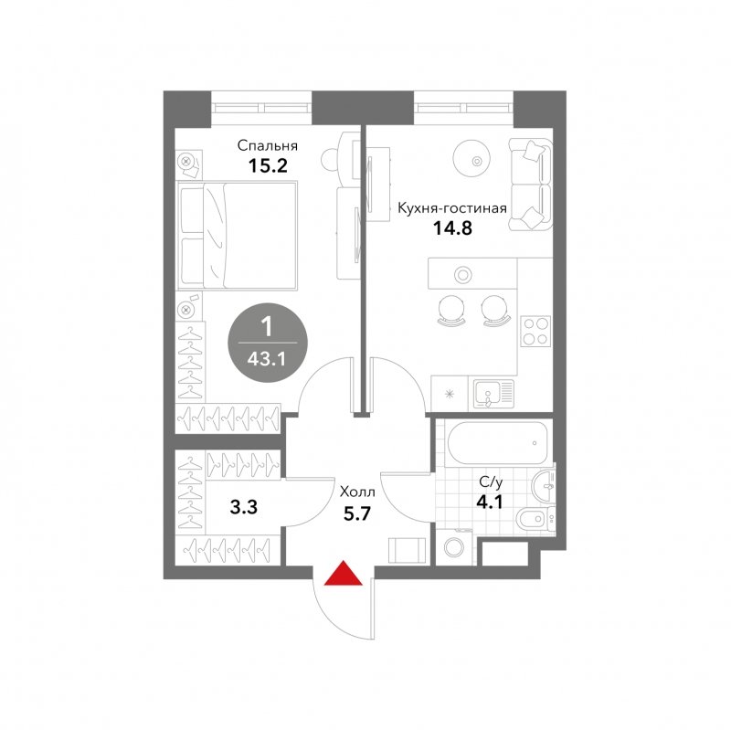 1-комнатные апартаменты без отделки, 43.1 м2, 8 этаж, сдача 3 квартал 2025 г., ЖК VOXHALL, корпус 4 - объявление 1794263 - фото №1