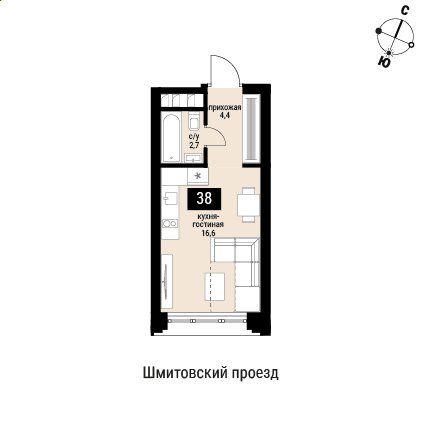 1-комнатная квартира без отделки, 24 м2, 5 этаж, сдача 2 квартал 2026 г., ЖК Шелепиха, корпус 1 - объявление 2418589 - фото №1