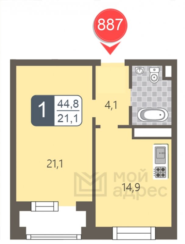 1-комнатная квартира с частичной отделкой, 44.8 м2, 28 этаж, дом сдан, ЖК мой адрес На Береговом, корпус Южный квартал - объявление 1795450 - фото №1