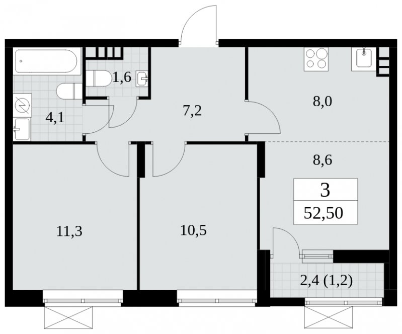 3-комнатная квартира (евро) с частичной отделкой, 52.5 м2, 4 этаж, сдача 1 квартал 2025 г., ЖК Прокшино, корпус 5.2.2 - объявление 1751132 - фото №1