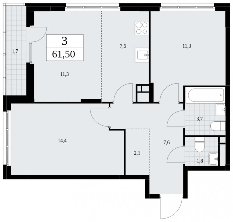 3-комнатная квартира (евро) без отделки, 61.5 м2, 12 этаж, сдача 4 квартал 2024 г., ЖК Скандинавия, корпус 36.2.2 - объявление 1780021 - фото №1
