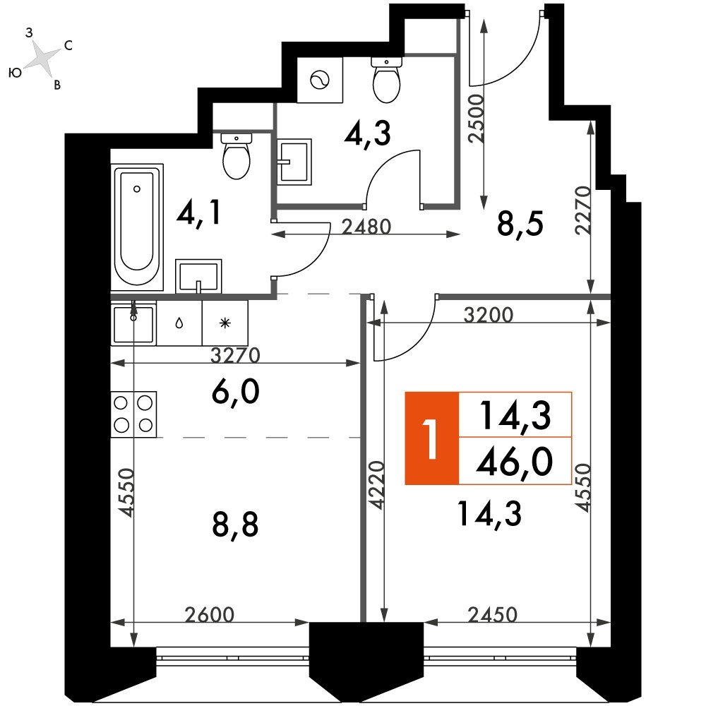 1-комнатная квартира без отделки, 46 м2, 42 этаж, сдача 4 квартал 2023 г., ЖК Архитектор, корпус 3 - объявление 2207515 - фото №1