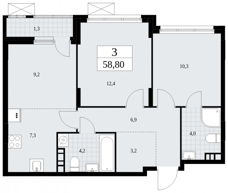 3-комнатная квартира (евро) без отделки, 58.8 м2, 3 этаж, сдача 4 квартал 2024 г., ЖК Скандинавия, корпус 35.2.2 - объявление 1841122 - фото №1