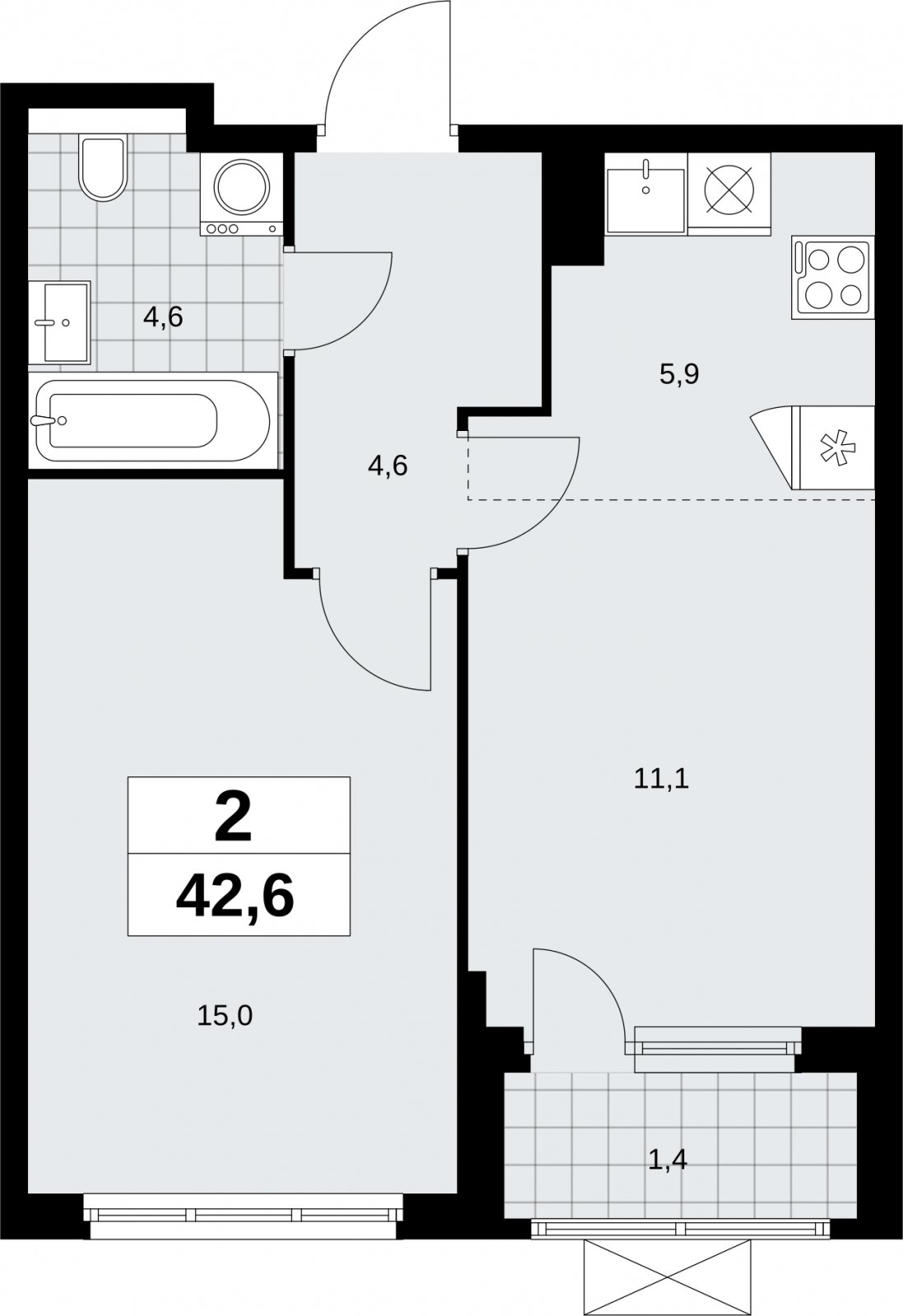 2-комнатная квартира (евро) без отделки, 42.6 м2, 11 этаж, сдача 2 квартал 2026 г., ЖК Бунинские кварталы, корпус 9.4 - объявление 2324570 - фото №1