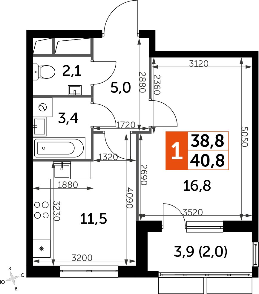 1-комнатная квартира с частичной отделкой, 40.7 м2, 3 этаж, дом сдан, ЖК UP-квартал Римский, корпус 7 - объявление 2359917 - фото №1