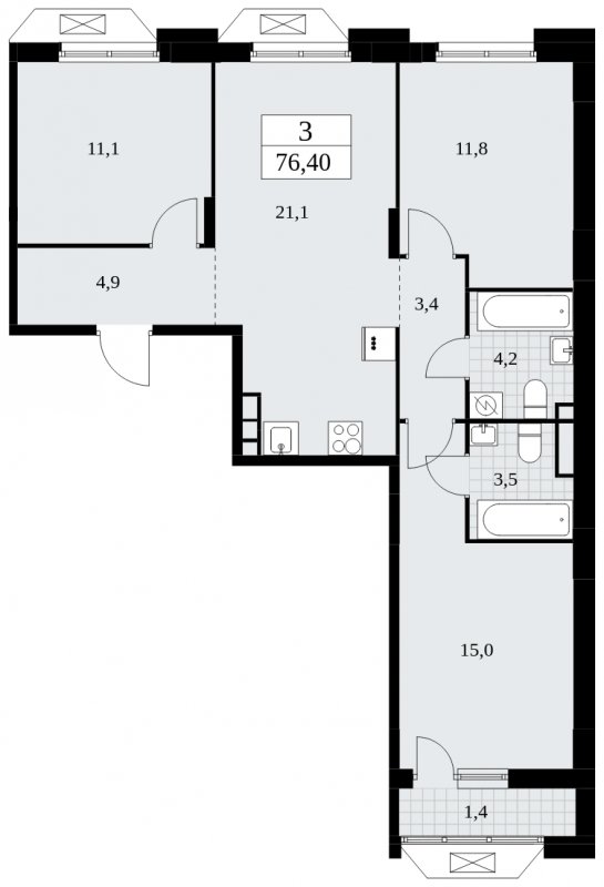 3-комнатная квартира с частичной отделкой, 76.4 м2, 6 этаж, сдача 4 квартал 2024 г., ЖК Бунинские кварталы, корпус 1.2 - объявление 1834489 - фото №1