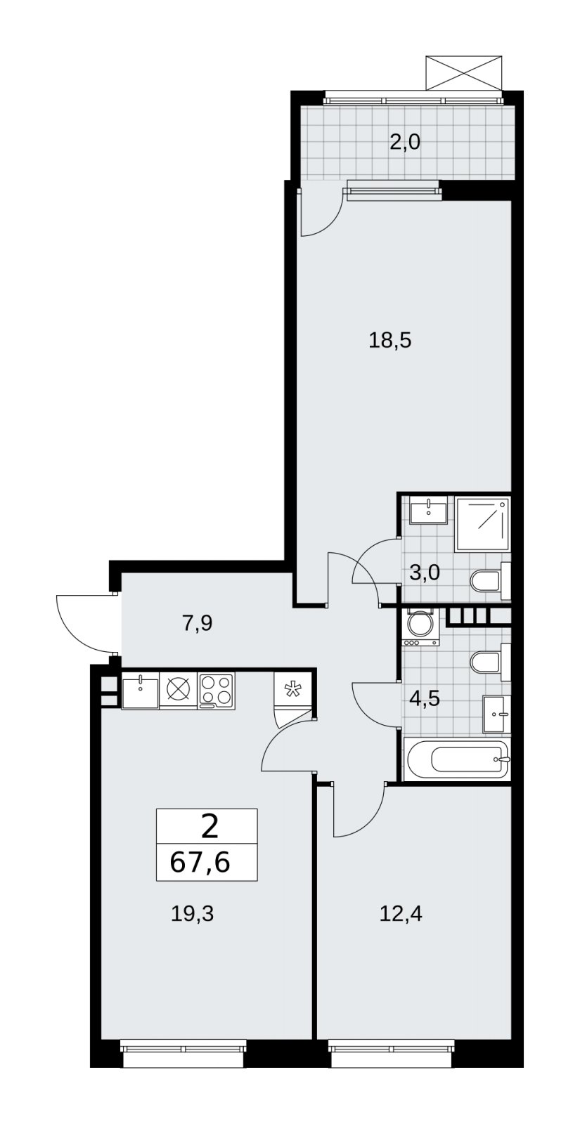 2-комнатная квартира без отделки, 67.6 м2, 3 этаж, сдача 1 квартал 2026 г., ЖК Дзен-кварталы, корпус 4.3 - объявление 2251614 - фото №1