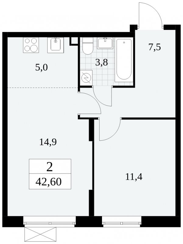 2-комнатная квартира (евро) с частичной отделкой, 42.6 м2, 2 этаж, сдача 2 квартал 2025 г., ЖК Прокшино, корпус 5.1.1 - объявление 1859837 - фото №1
