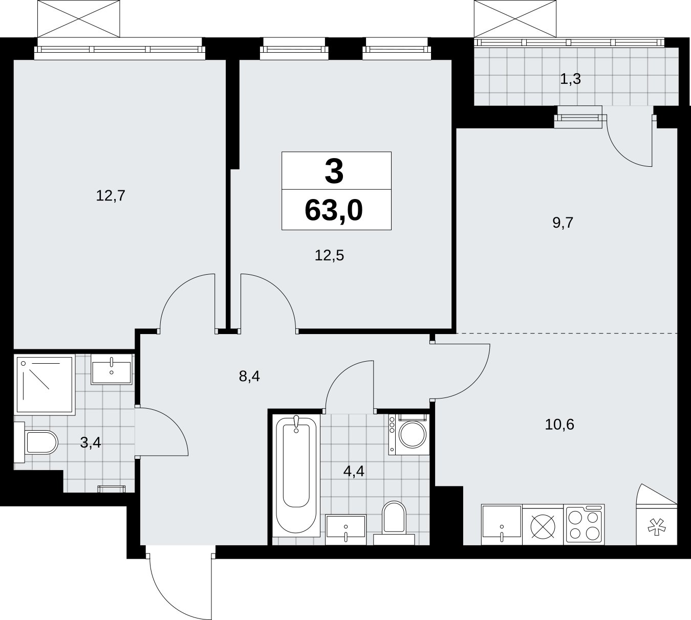 3-комнатная квартира (евро) без отделки, 63 м2, 6 этаж, сдача 1 квартал 2026 г., ЖК Дзен-кварталы, корпус 6.2.1 - объявление 2328539 - фото №1