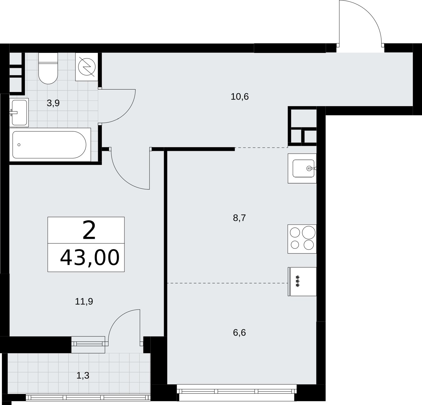 2-комнатная квартира (евро) с полной отделкой, 43 м2, 9 этаж, сдача 4 квартал 2026 г., ЖК Родные кварталы, корпус 3.3 - объявление 2378599 - фото №1