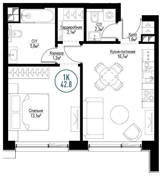 1-комнатная квартира с частичной отделкой, 42.8 м2, 2 этаж, сдача 3 квартал 2024 г., ЖК Метрополия, корпус Florence - объявление 1786621 - фото №1