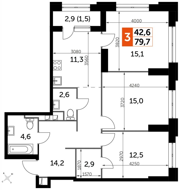 3-комнатная квартира с частичной отделкой, 79.7 м2, 3 этаж, сдача 1 квартал 2023 г., ЖК Sydney City, корпус 3 - объявление 1658344 - фото №1