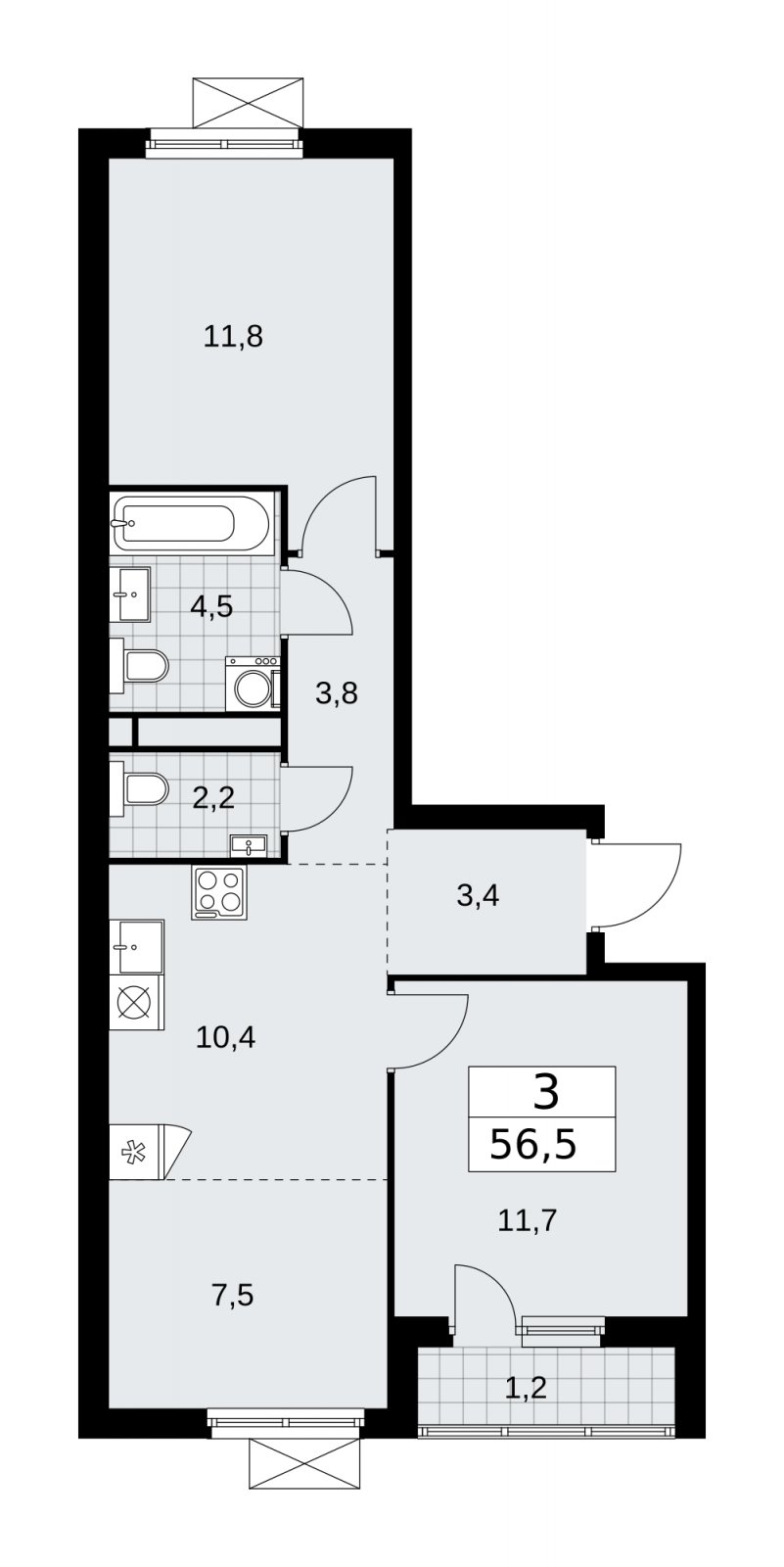 3-комнатная квартира (евро) без отделки, 56.5 м2, 9 этаж, сдача 4 квартал 2025 г., ЖК Прокшино, корпус 11.1.4 - объявление 2257668 - фото №1