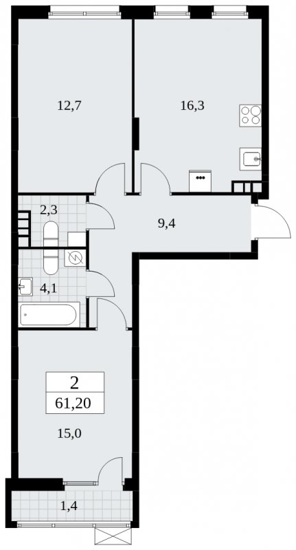 2-комнатная квартира с частичной отделкой, 61.2 м2, 4 этаж, сдача 3 квартал 2025 г., ЖК Дзен-кварталы, корпус 2.2 - объявление 1932352 - фото №1