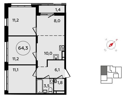 4-комнатная квартира (евро) без отделки, 64.3 м2, 9 этаж, сдача 4 квартал 2023 г., ЖК Скандинавия, корпус 2.15 - объявление 1517063 - фото №1