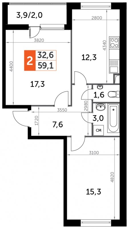 2-комнатная квартира с полной отделкой, 59.1 м2, 2 этаж, дом сдан, ЖК UP-квартал Сколковский, корпус 1 - объявление 1711849 - фото №1